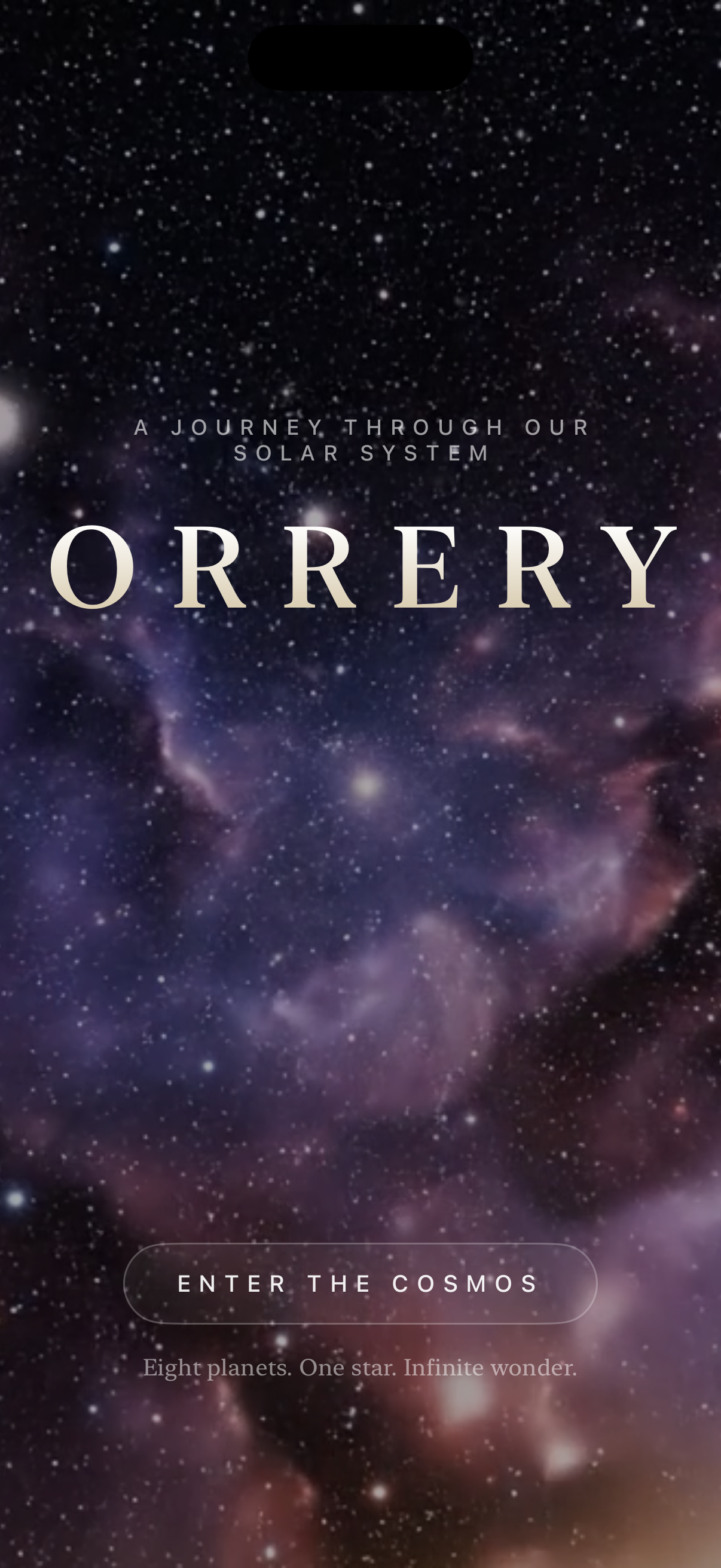 Orrery title screen, a distant sun over a field of stars